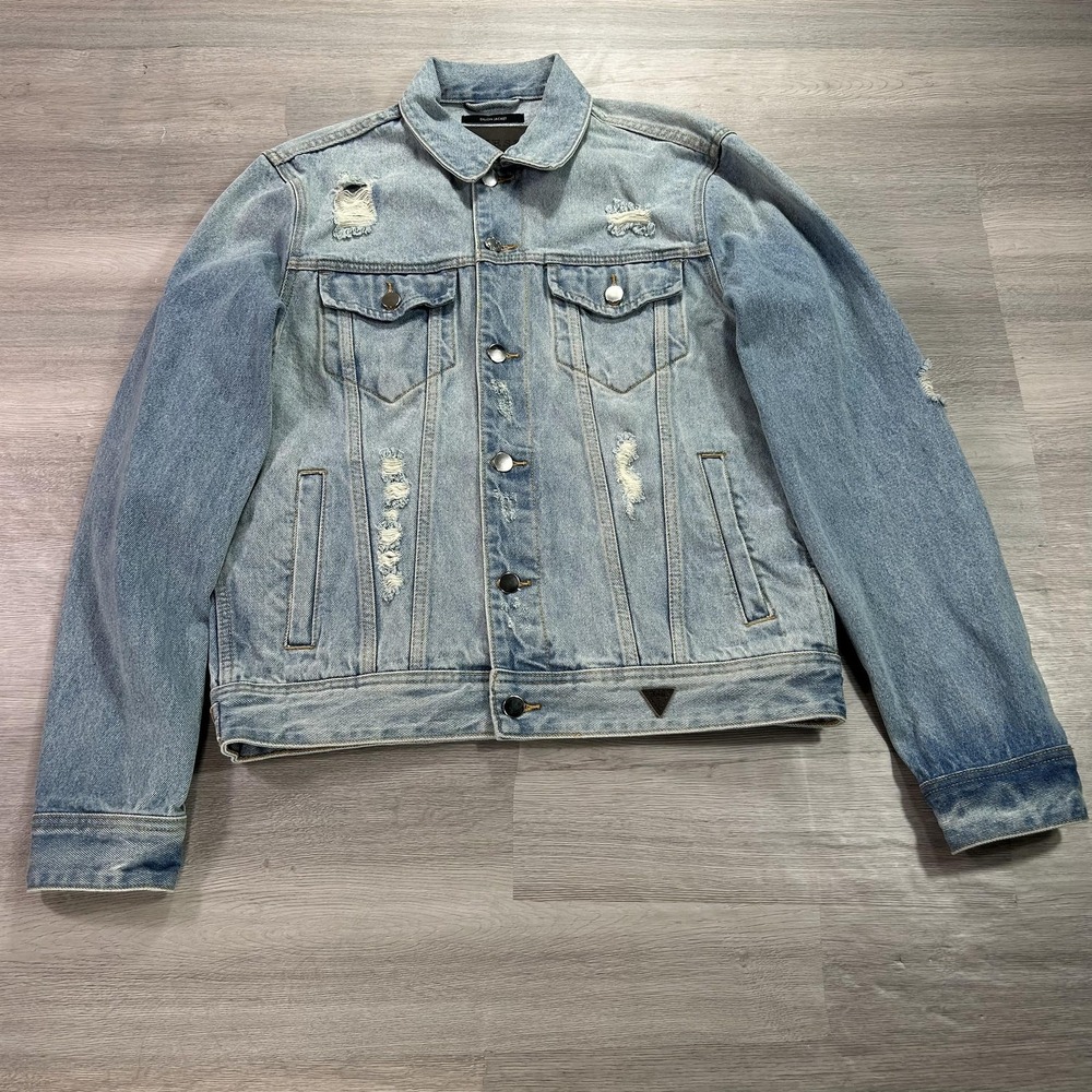 Guess Dillon Denim Jacket Mens Medium Blue‎ Distressed Button Logo Jean